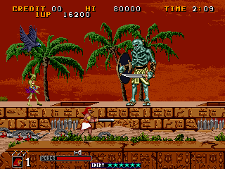 Big Karnak screenshot: the pharaoh warrior facing a mummy boss among palm trees
