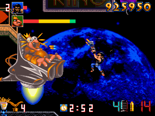 Biomechanical Toy screenshot: the hero riding over a giant blue moon