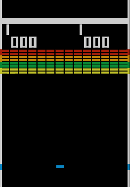 Breakout arcade screenshot: paddle under the rainbow brick wall