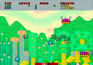 Fantasy Zone screenshot: Opa-Opa flying through the pastel candy landscape